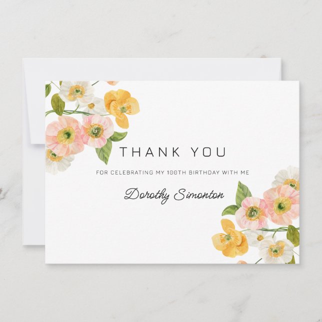 Colorful Spring Flowers 100th Birthday Thank You Card (Front)
