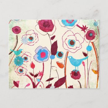 Colorful Spring Flowers Birds Mulberry Blue Orange Postcard by PrettyPatternsGifts at Zazzle