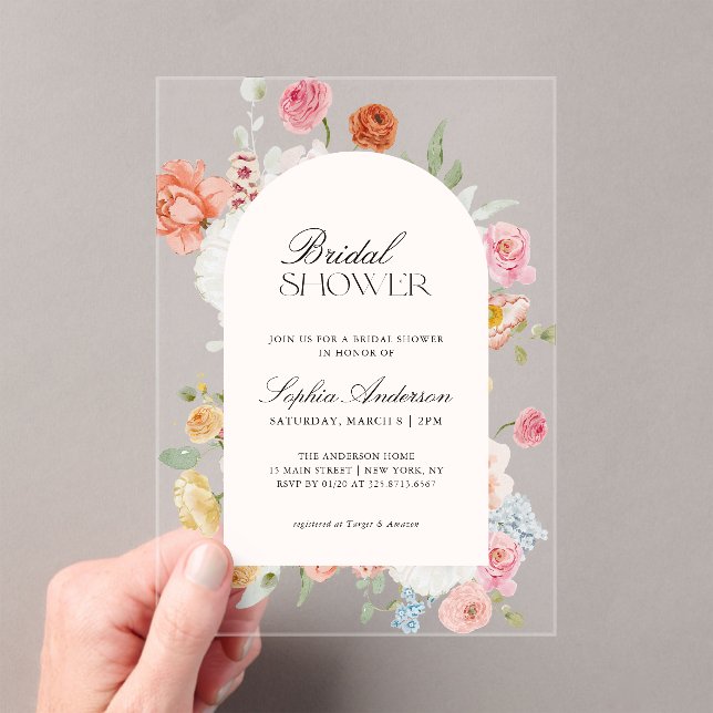 Colorful Spring Flowers Calligraphy Bridal Shower Acrylic Invitations (Insitu (Handheld))