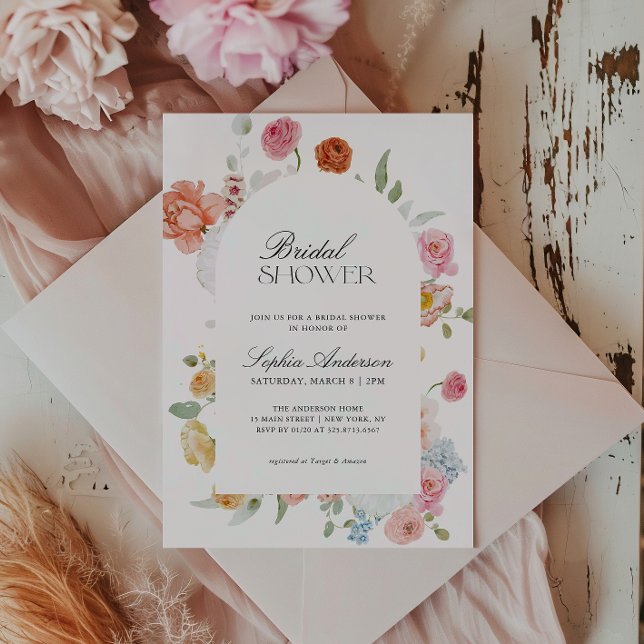Colorful Spring Flowers Calligraphy Bridal Shower Invitation (Creator Uploaded)