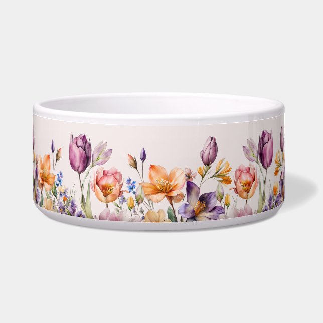Colorful Spring Flowers Ceramic Pet Bowl (Front)