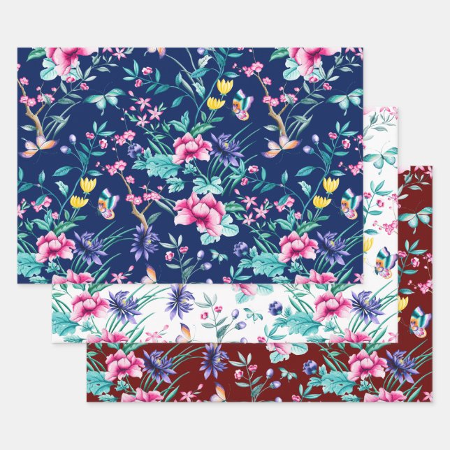 Colorful spring flowers custom background wrapping paper sheets (Set)
