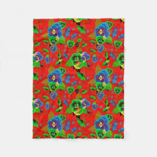 Colorful Spring Flowers Design Red Background Fleece Blanket