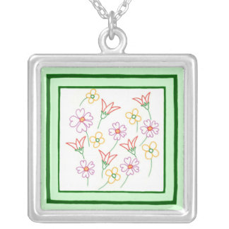 Colorful Spring Flowers Drawing Collage Necklace