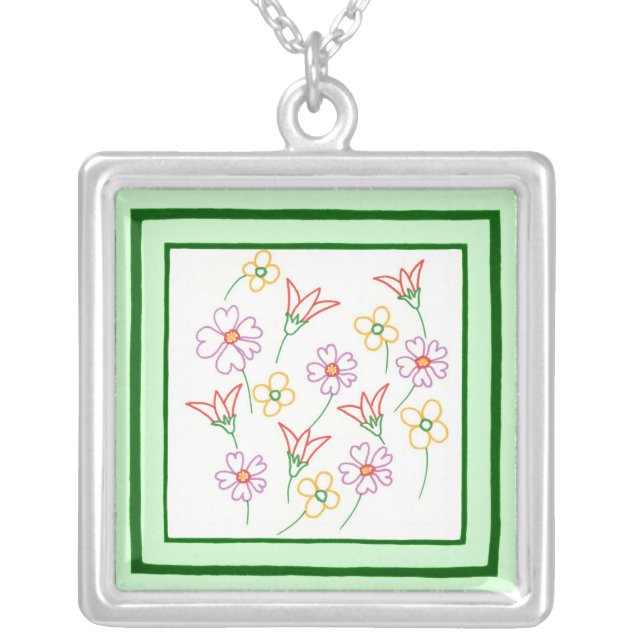 Colorful Spring Flowers Drawing Collage Necklace (Front)