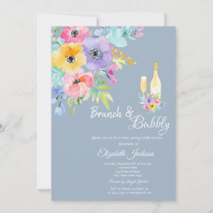 Colorful Spring Flowers Dusty Blue Brunch & Bubbly Invitation