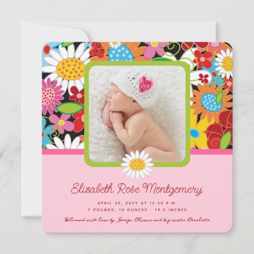 Colorful Spring Flowers Garden Baby Girl Birth Announcement