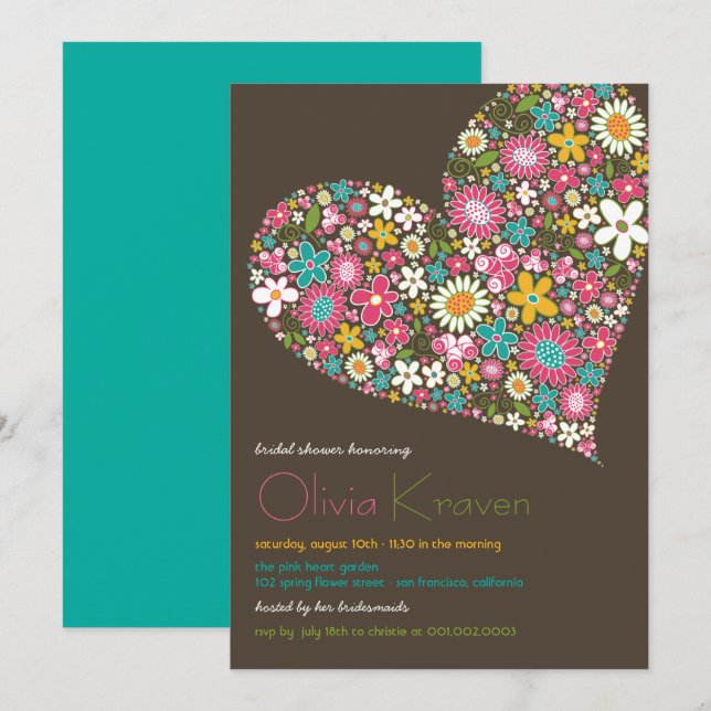 Colorful Spring Flowers Heart Bridal Shower Invite (Front/Back)