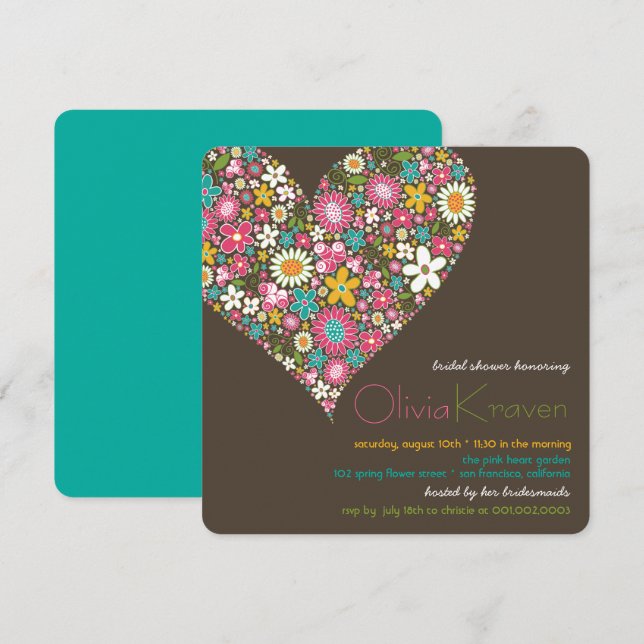 Colorful Spring Flowers Heart Bridal Shower Invite (Front/Back)