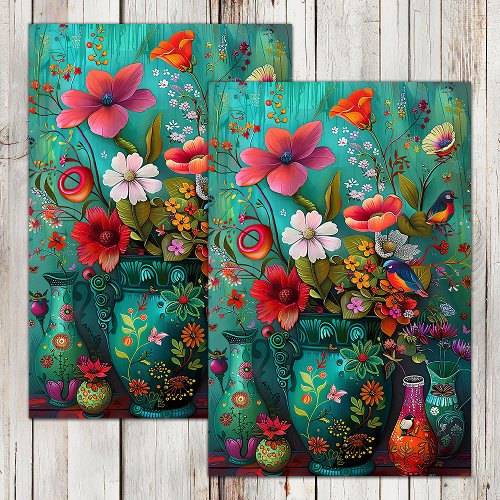 COLORFUL SPRING FLOWERS IN VASE DECOUPAGE TISSUE PAPER