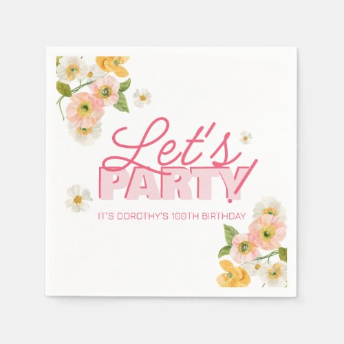 Colorful Spring Flowers Lettering 100th Birthday Napkins