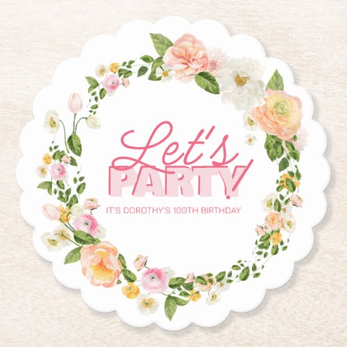 Colorful Spring Flowers Lettering 100th Birthday Paper Coaster
