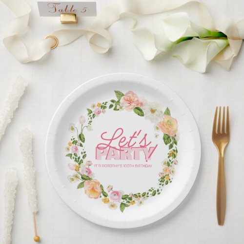 Colorful Spring Flowers Lettering 100th Birthday Paper Plates
