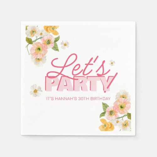 Colorful Spring Flowers Lettering 30th Birthday Napkins
