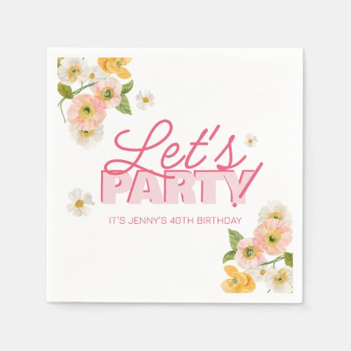 Colorful Spring Flowers Lettering 40th Birthday Napkins