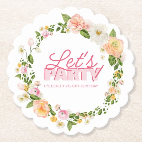 Colorful Spring Flowers Lettering 40th Birthday Paper Coaster