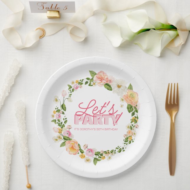 Colorful Spring Flowers Lettering 50th Birthday Paper Plates (Wedding)