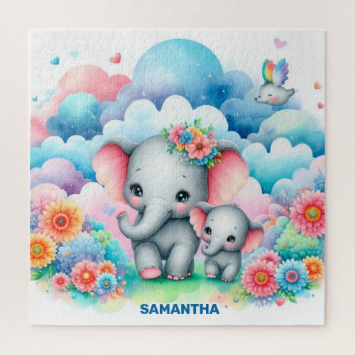 Colorful spring flowers mommy and baby elephant jigsaw puzzle