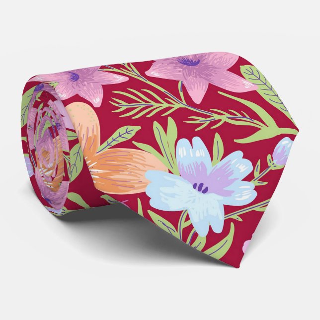 Colorful Spring Flowers  Neck Tie (Rolled)