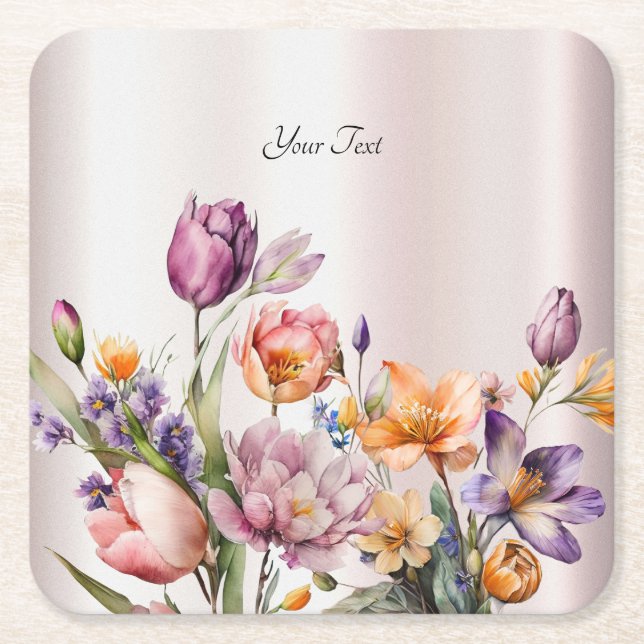 Colorful Spring Flowers Paper Coaster (Front)