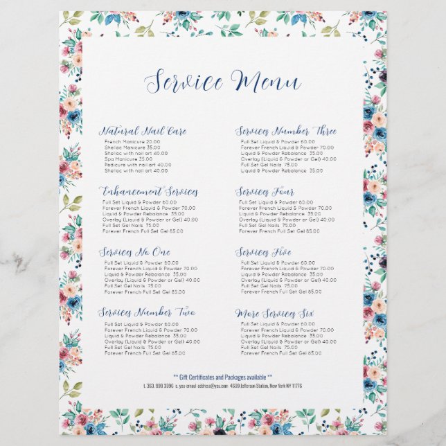 Colorful spring flowers patter for service menu flyer (Front)