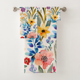 Colorful spring flowers pattern bath towel set