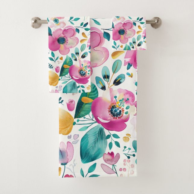 Colorful spring flowers pattern bath towel set (Insitu)