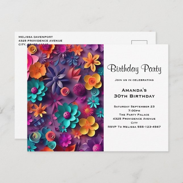 Colorful Spring Flowers Pattern Birthday Invite (Front/Back)