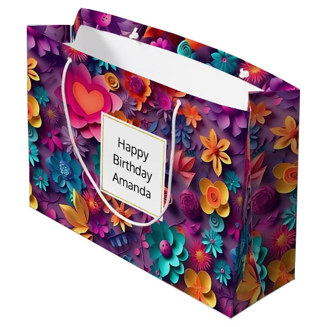 Colorful Spring Flowers Pattern Birthday Large Gift Bag (Back Angled)