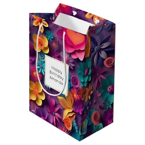 Colorful Spring Flowers Pattern Birthday Medium Gift Bag
