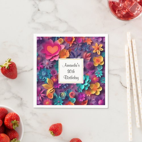 Colorful Spring Flowers Pattern Birthday Napkins