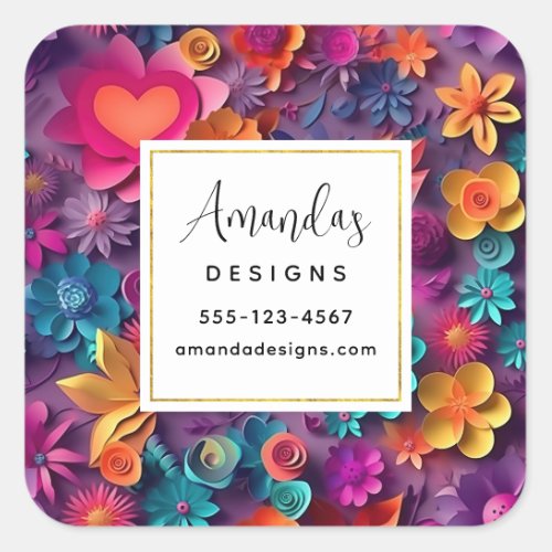 Colorful Spring Flowers Pattern Business Square Sticker