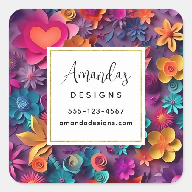 Colorful Spring Flowers Pattern Business Square Sticker (Front)