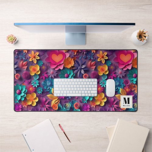 Colorful Spring Flowers Pattern Monogram Desk Mat