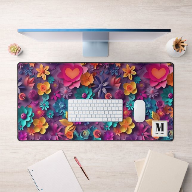 Colorful Spring Flowers Pattern Monogram Desk Mat (Office 1)