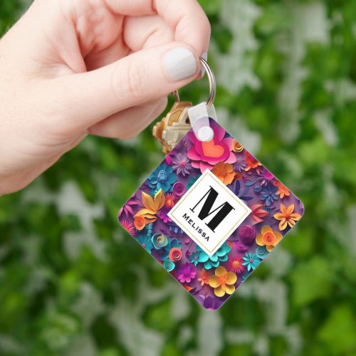 Colorful Spring Flowers Pattern Monogram Keychain