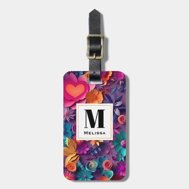 Colorful Spring Flowers Pattern Monogram Luggage Tag (Front Vertical)
