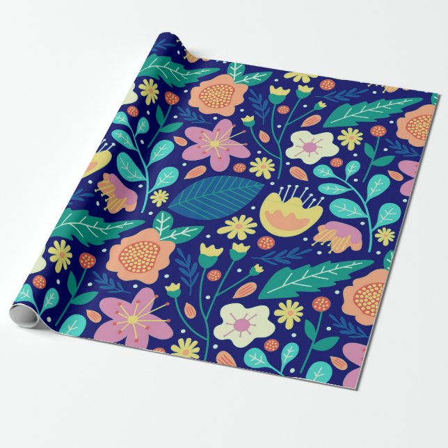 Colorful spring flowers pattern on blue wrapping paper (Unrolled)