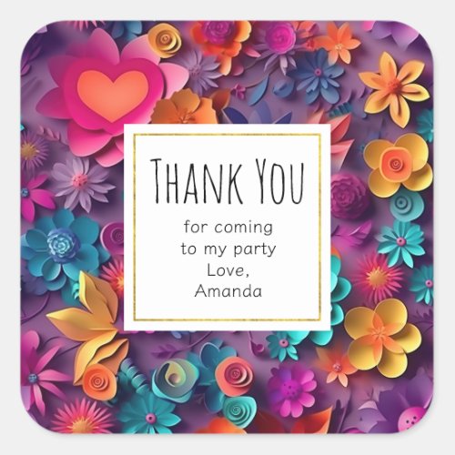 Colorful Spring Flowers Pattern Party Thank You Square Sticker