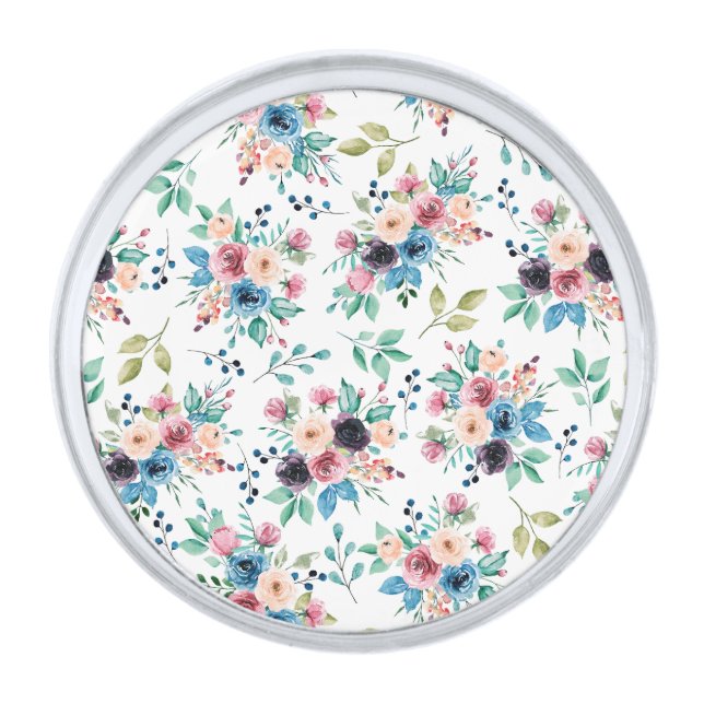 Colorful spring flowers pattern silver finish lapel pin (Front)