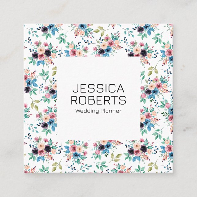 Colorful spring flowers pattern square business ca card (Front)