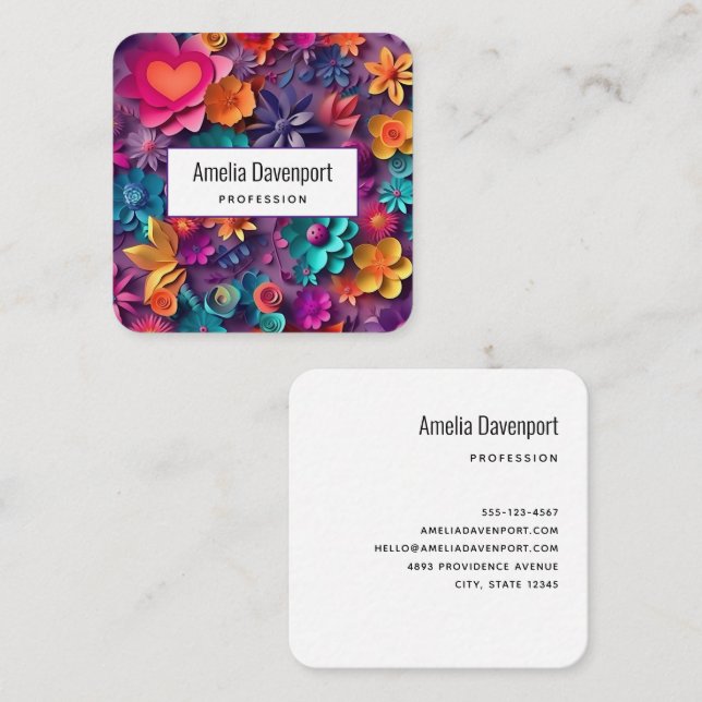 Colorful Spring Flowers Pattern Square Business Card (Front/Back)