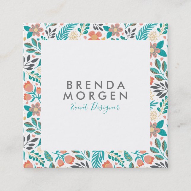 Colorful spring flowers pattern square business card (Front)
