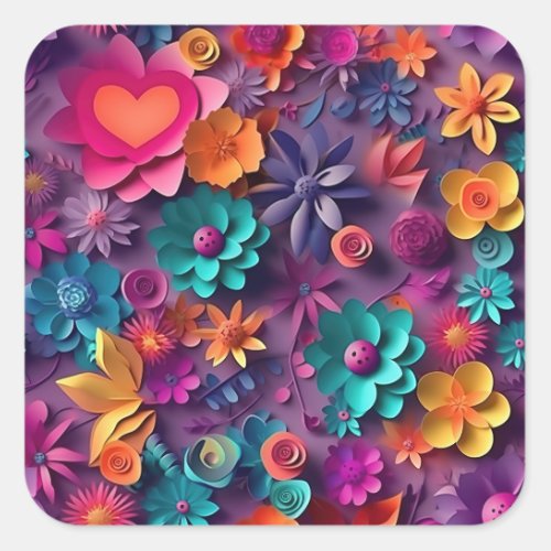 Colorful Spring Flowers Pattern Square Sticker