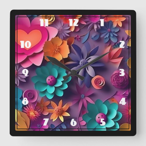Colorful Spring Flowers Pattern Square Wall Clock