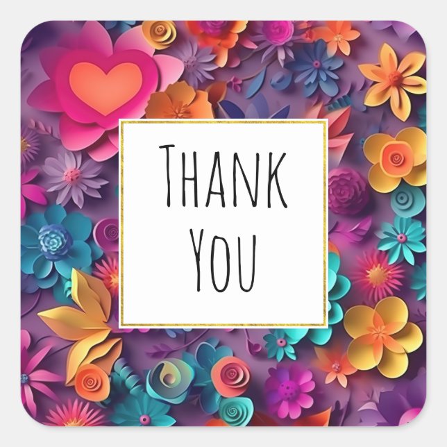 Colorful Spring Flowers Pattern Thank You Square Sticker (Front)