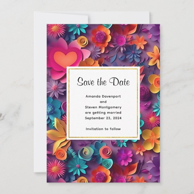 Colorful Spring Flowers Pattern Wedding Save The Date (Front)
