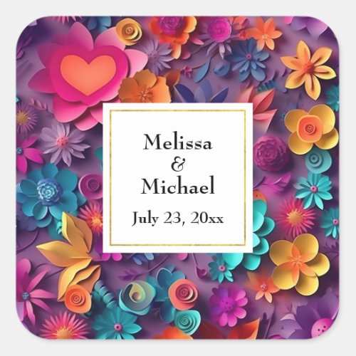 Colorful Spring Flowers Pattern Wedding Square Sticker