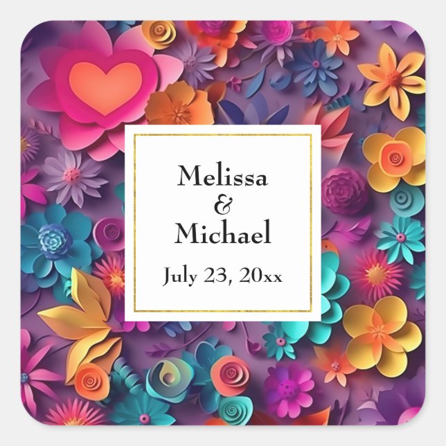 Colorful Spring Flowers Pattern Wedding Square Sticker (Front)