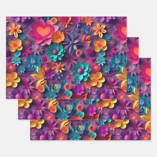 Colorful Spring Flowers Pattern Wrapping Paper Sheets